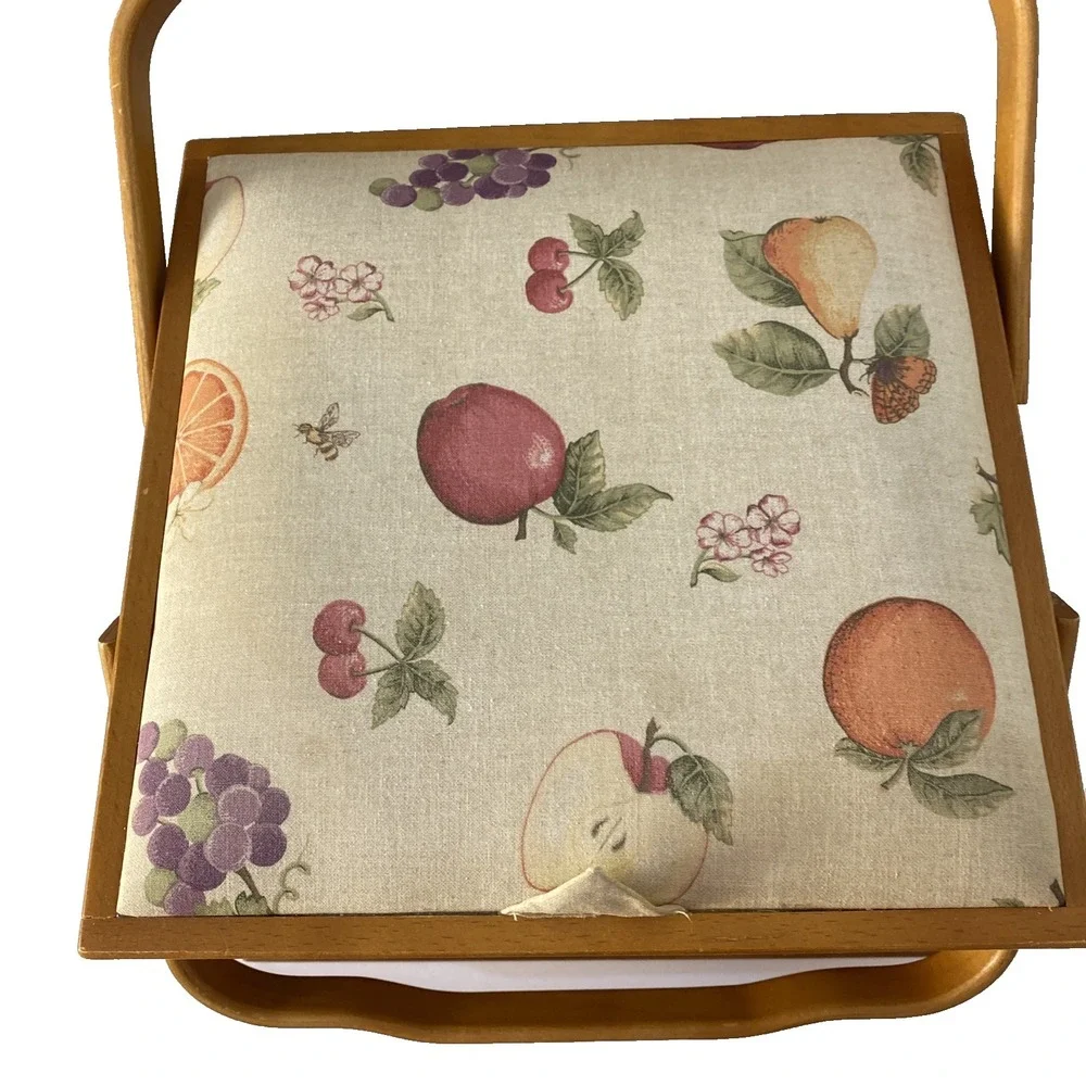 Vtg Jumbo Nantucket Style Wooden Wicker Sewing Basket, Fruit Motif